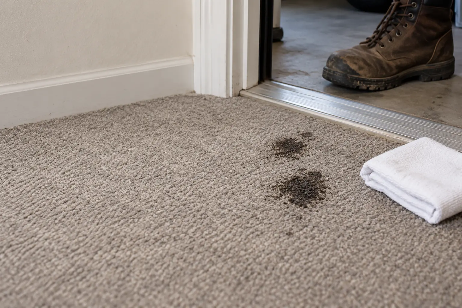 Small motor oil marks on carpet beside a garage entryway