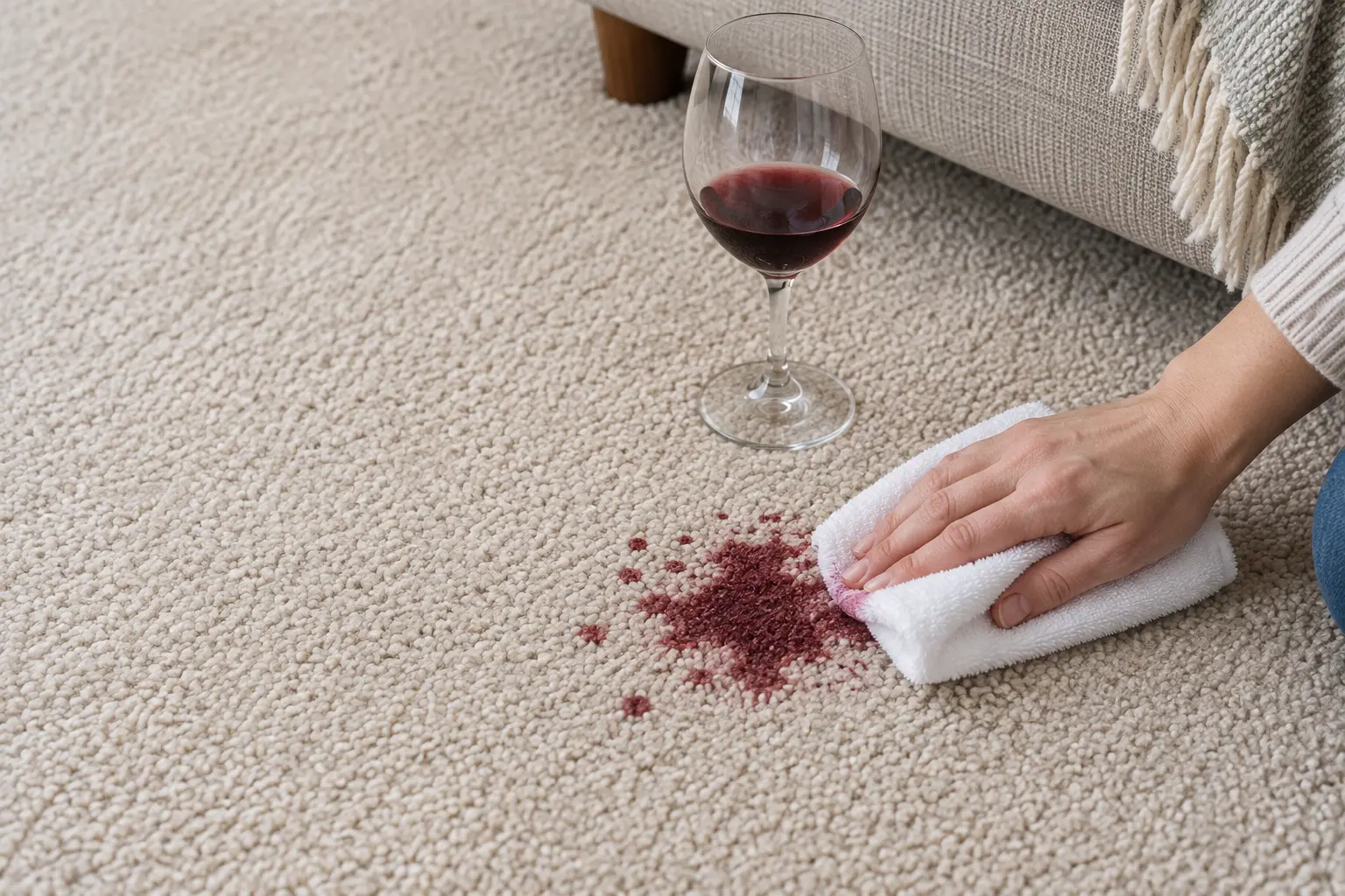 White towel blotting a red wine spill on beige carpet